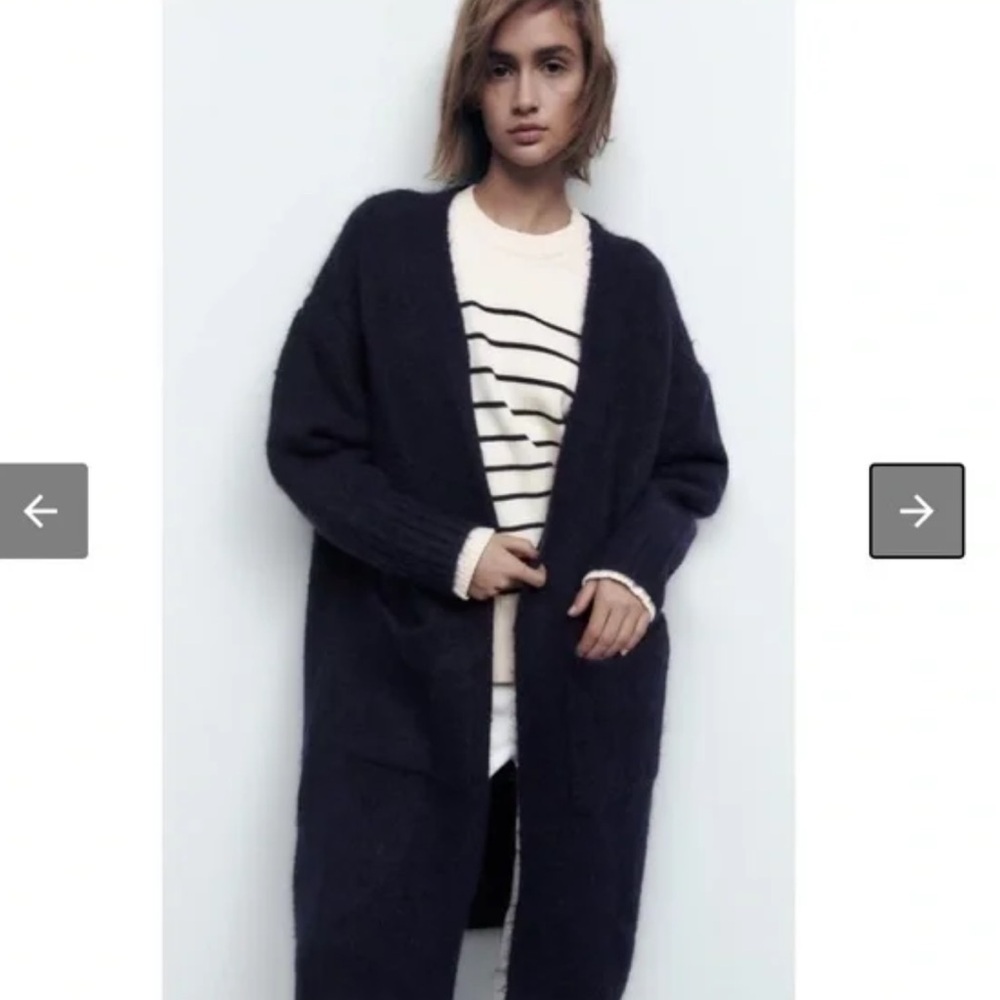 Zara Long Patch Pocket Cardigan Navy Sz M/L - Picture 12 of 12